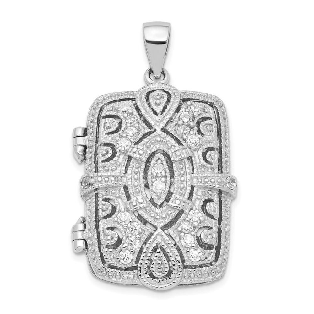 Sterling Silver and CZ Geometric Design Rectangular Locket, 24mm